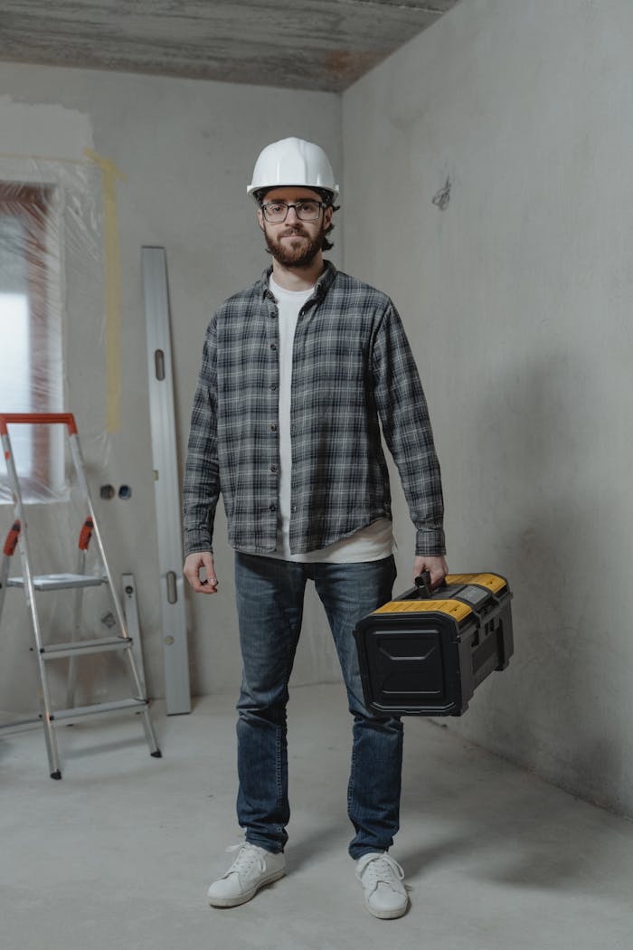 services-01 Construction worker in plaid shirt with toolbox indoors, showcasing renovation setting.